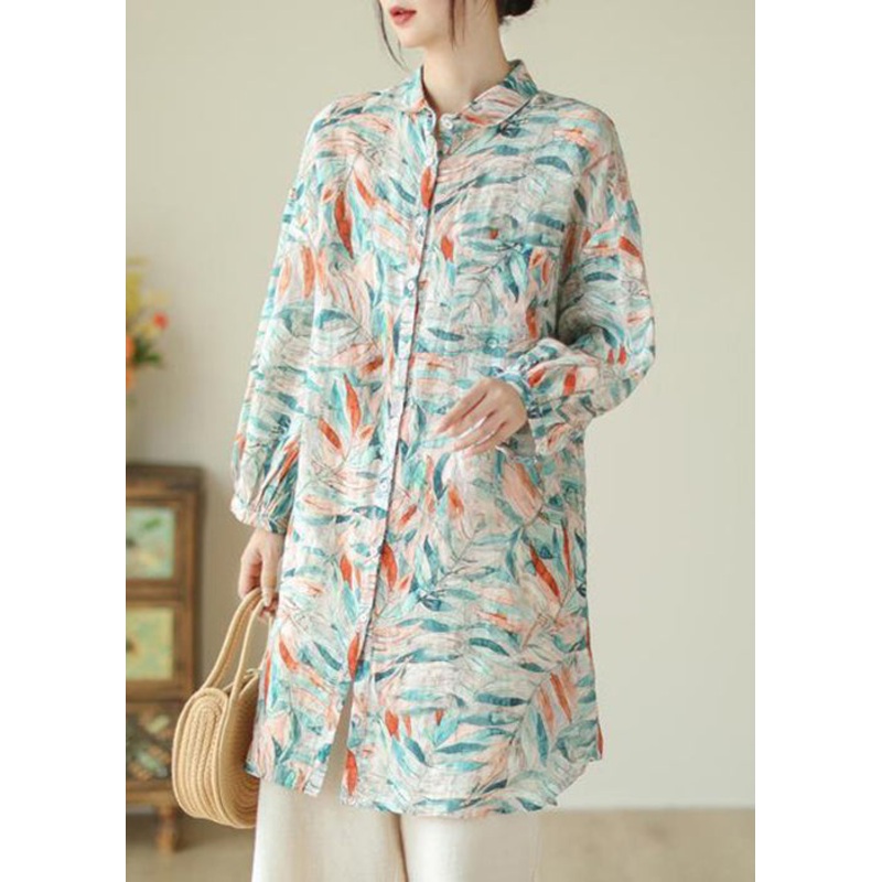 Beautiful Peter Pan Collar Print Button Cotton Blouses Long Sleeve