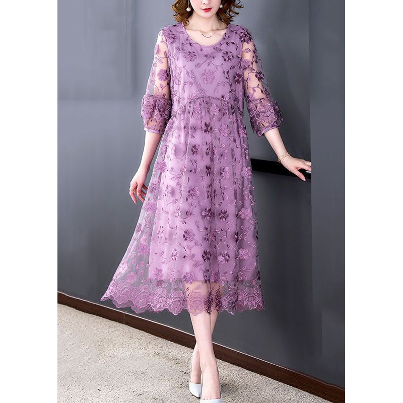 Beautiful Purple O-Neck Embroidered Tulle Long Dresses Half Sleeve