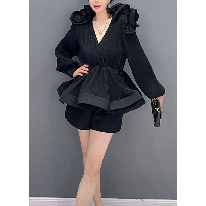 Black Patchwork Chiffon Shirt Tops Wrinkled Tunic Spring