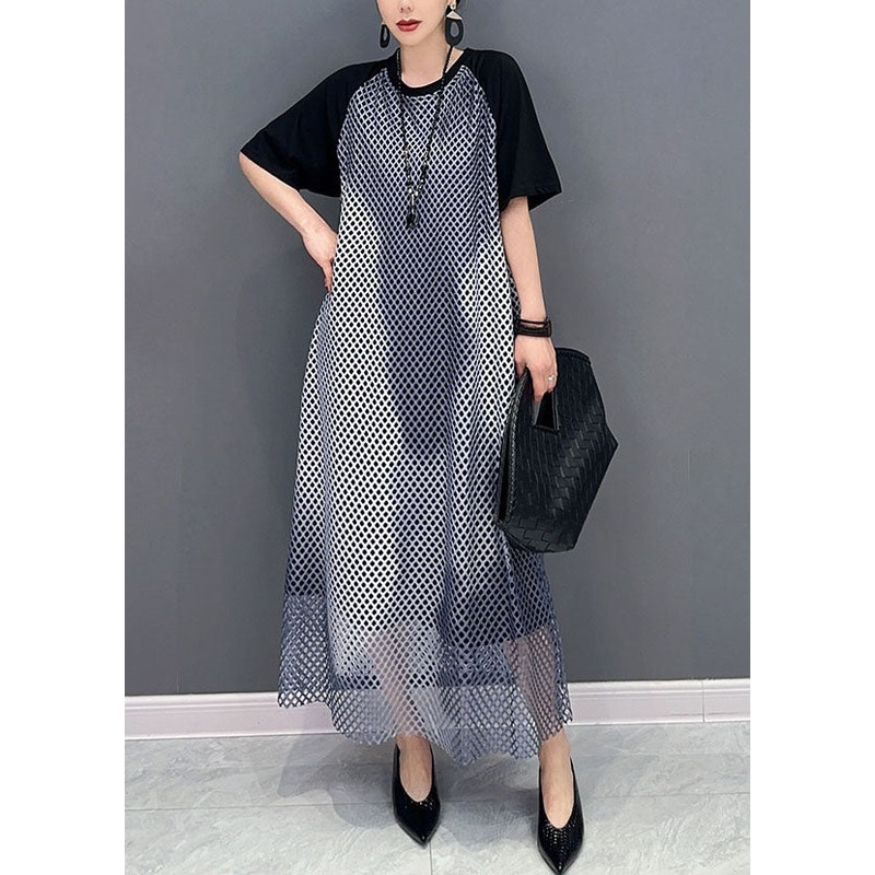 Black Patchwork Cotton Maxi Dresses O Neck Sheer Mesh Short Sleeve