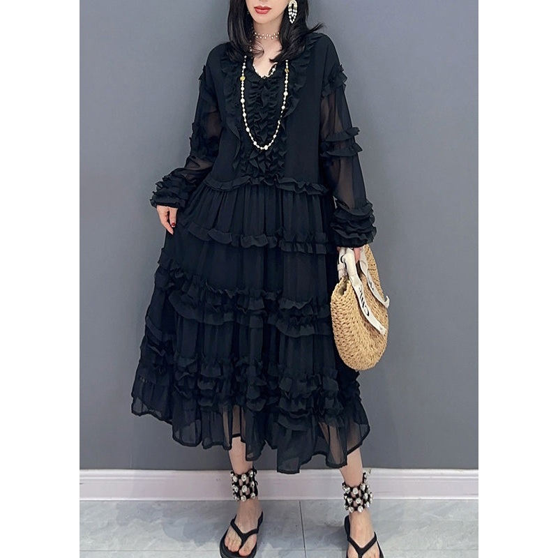 Black Patchwork Solid Holiday Chiffon Maxi Dress Long Sleeve