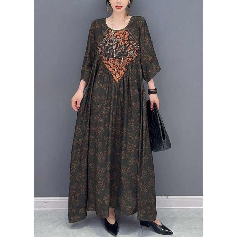 Black Print Patchwork Cotton Dresses O Neck Wrinkled Spring