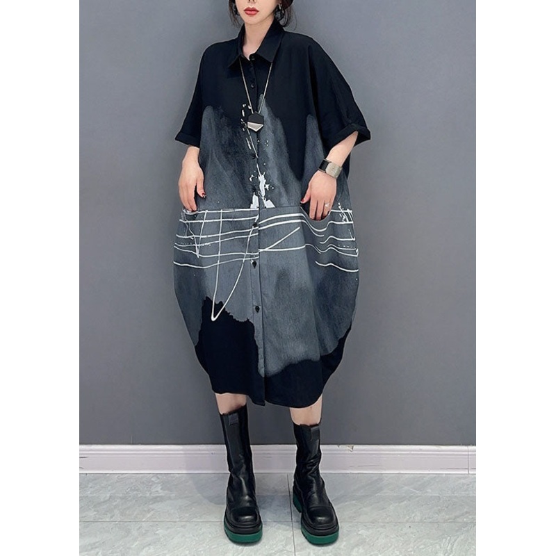 Black Print Patchwork Cotton Shirts Dress Peter Pan Collar Summer