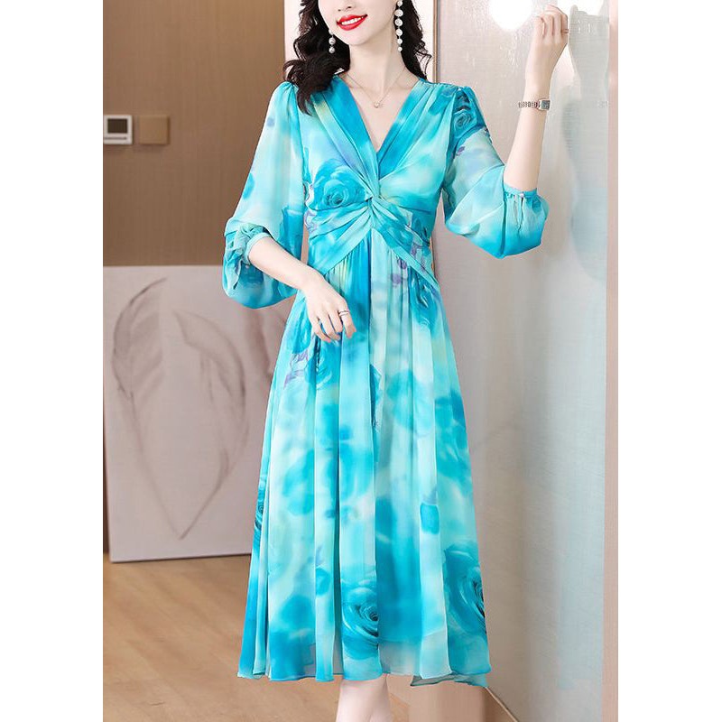 Blue Wrinkled Chiffon Long Dresses V Neck Long Sleeve