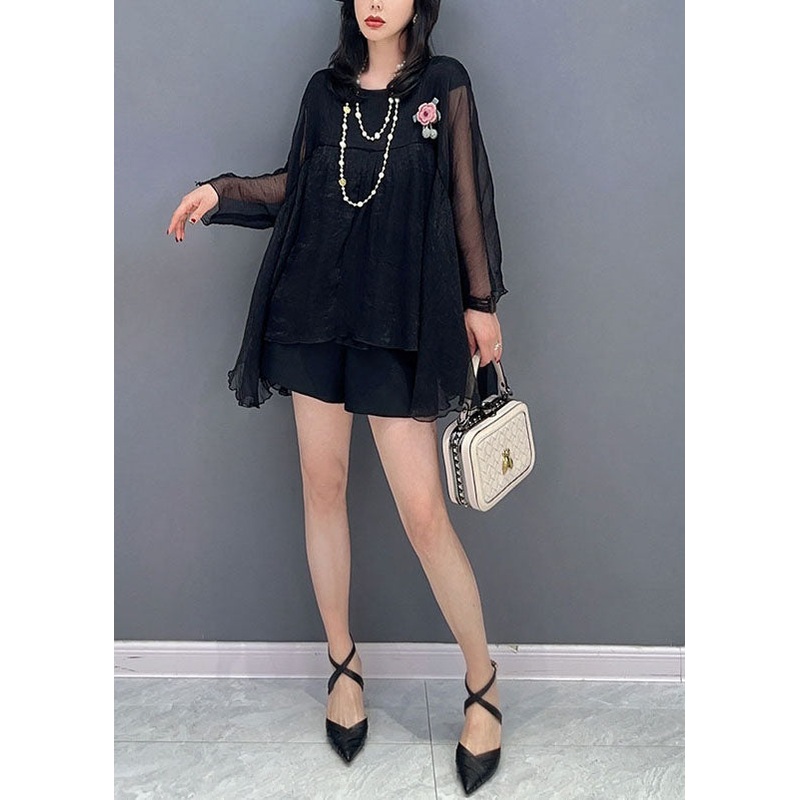Bohemian Black O Neck Wrinkled Patchwork Tulle Top Spring