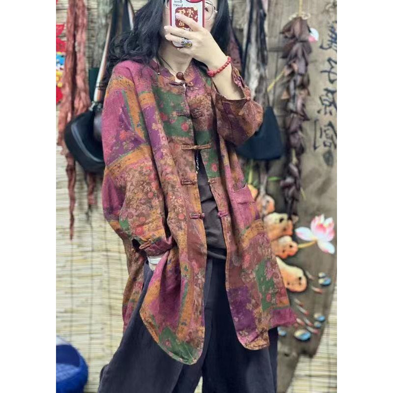 Bohemian Colorblock Stand Collar Print Mid Linen Shirt Spring