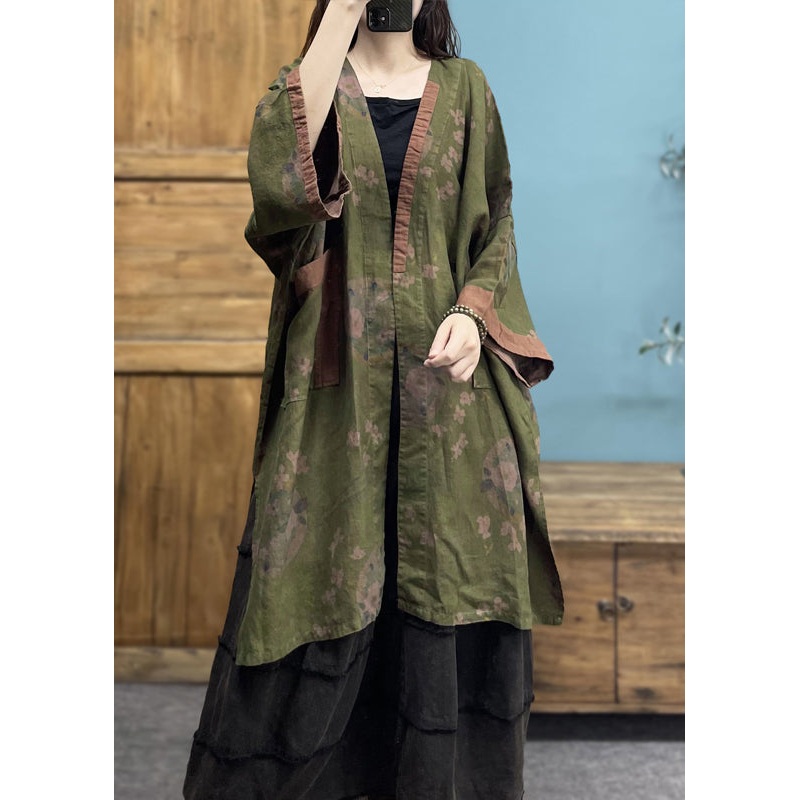 Bohemian Plus Size Green V Neck Print Linen Cardigans Spring