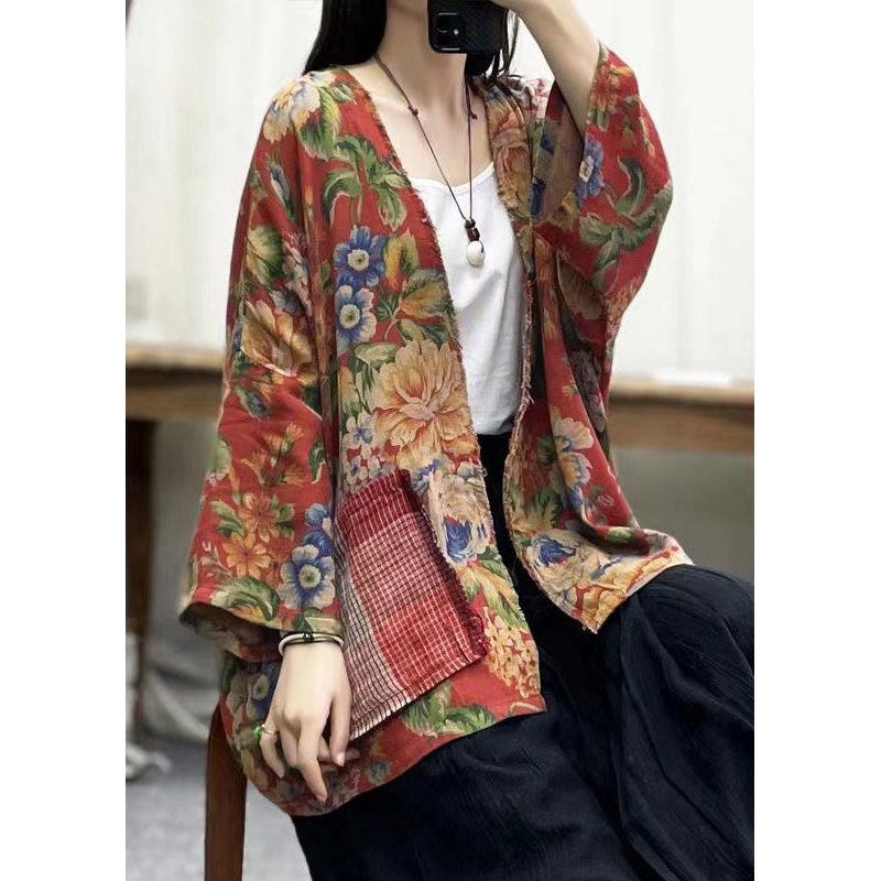 Bohemian Print V Neck Pockets Cotton Cardigans Batwing Sleeve