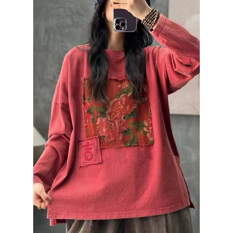 Boho Red O Neck Applique Cotton T Shirt Tops Long Sleeve