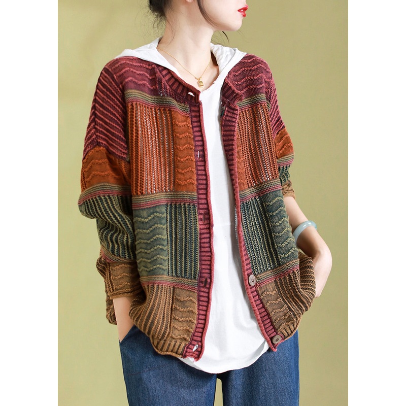 Boutique Army Green O Neck Patchwork Knit Loose Cardigans Spring