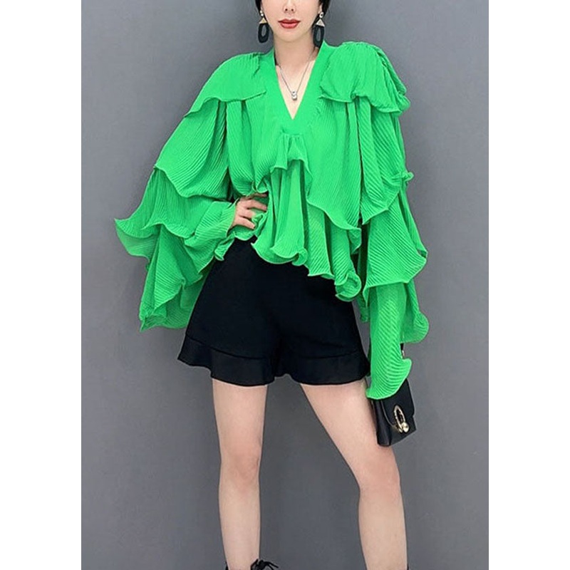 Fashion Green Asymmetrical Ruffled Patchwork Chiffon Tops Spring