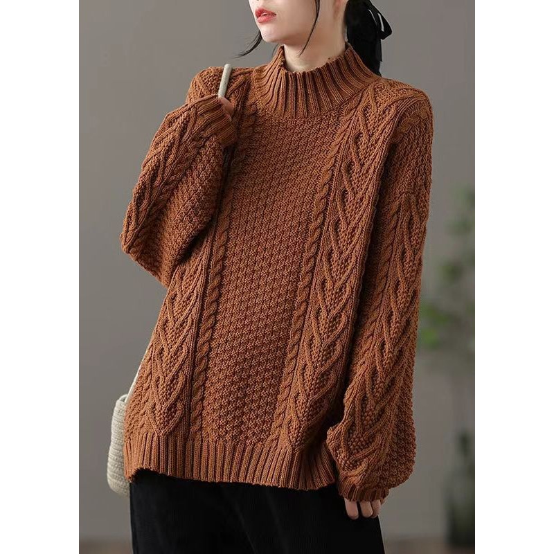Loose Brown Half Hign Neck Cable Knitted Sweaters Spring