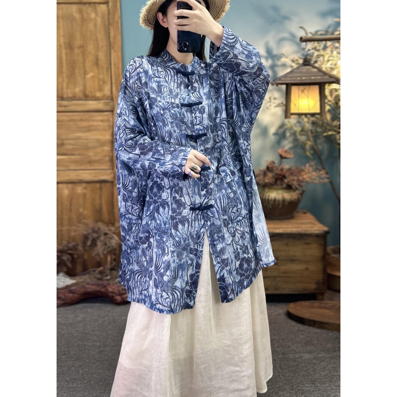 Original Design Blue Stand Collar Print Chinese Button Linen Cardigans Summer