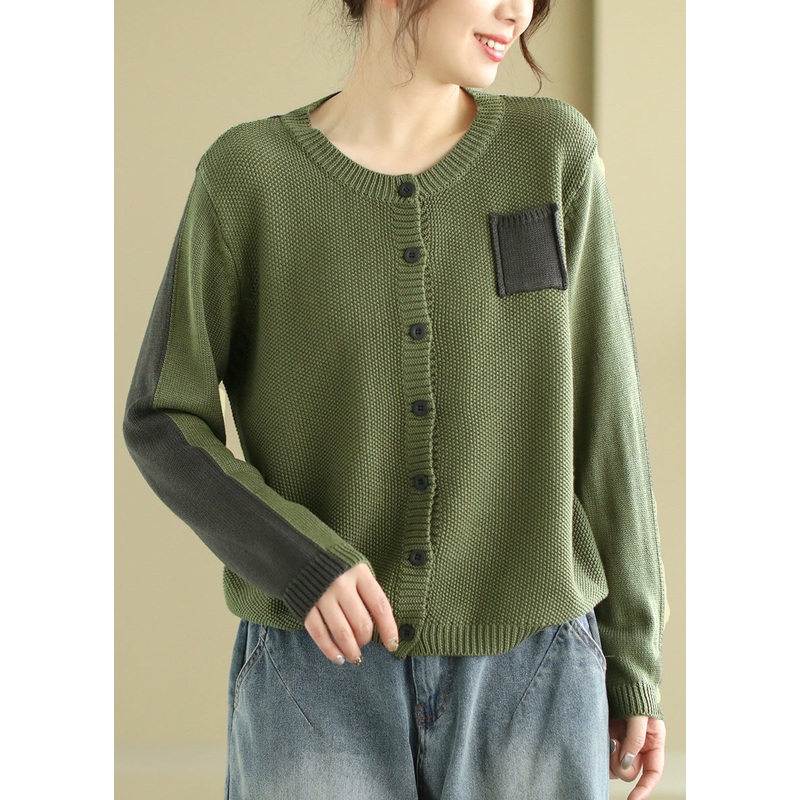 Original Green O Neck Button Patchwork Knit Cardigan Spring