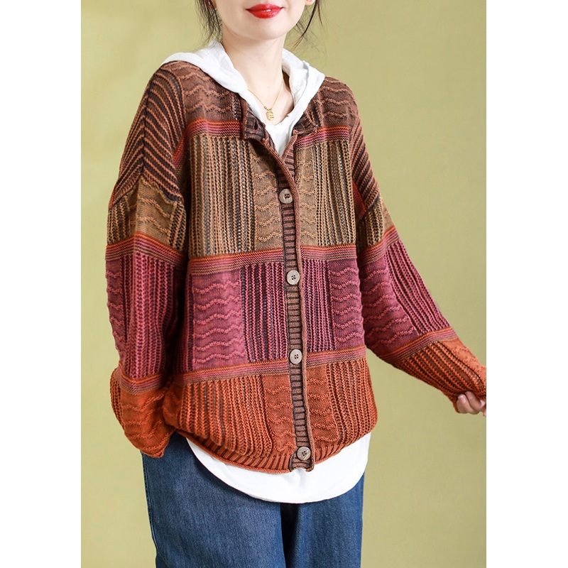 Plus Size Orange O Neck Button Patchwork Knit Cardigans Spring
