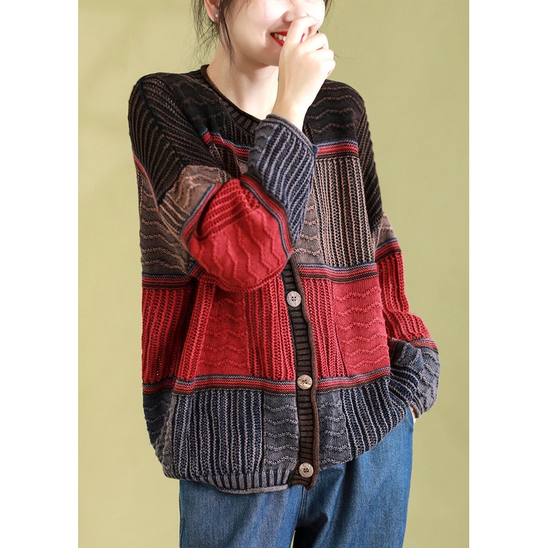 Red Casual Patchwork Knit Cardigan O Neck Button Spring