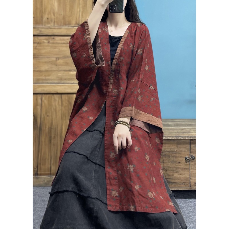 Red Print Patchwork Loose Linen Cardigan V Neck Spring