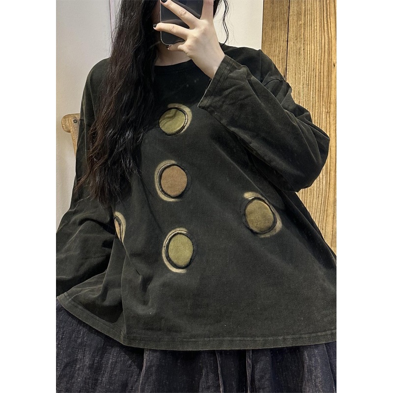 Retro Casual Black O Neck Patch Cotton T Shirts Tops Long Sleeve