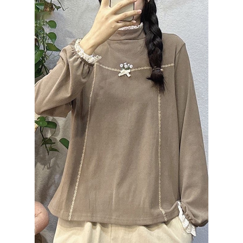 Simple Coffee Embroidered Lace Patchwork Cotton Top Long Sleeve
