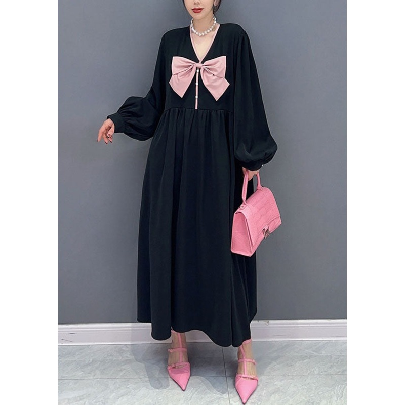 Unique Black V Neck Bow Patchwork Cotton Princess Dress Spring