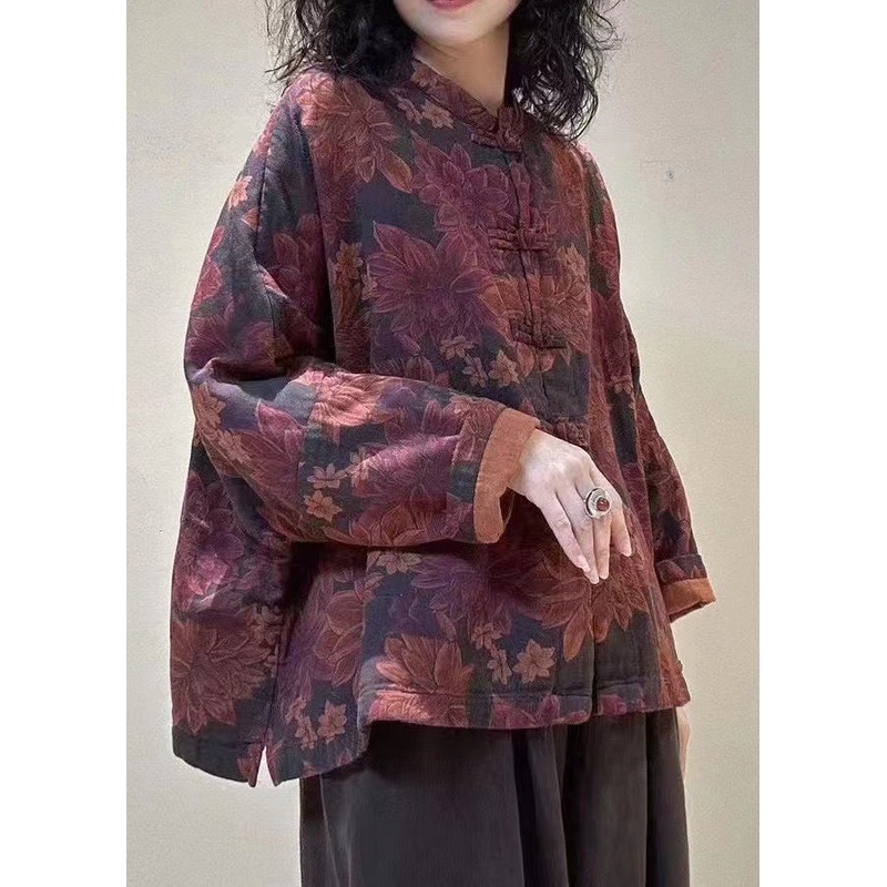 Vintage Mulberry Stand Collar Print Chinese Button Linen Blouses Spring