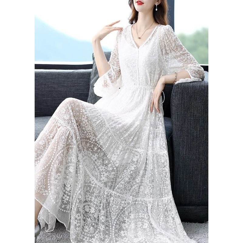 White Lace Up Nail Bead Long Dresses V Neck Summer
