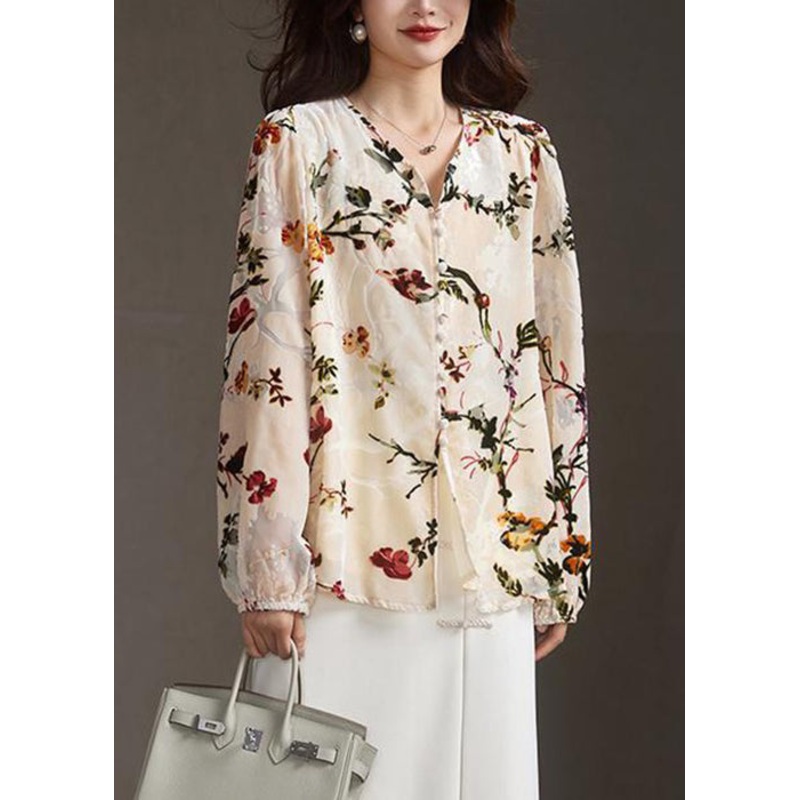 Women Apricot V Neck Button Print Silk Velour Shirt Spring