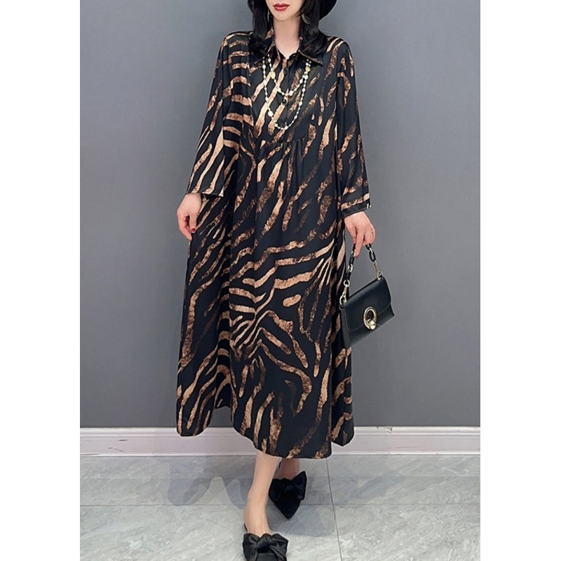Women Black Peter Pan Collar Print Button Long Shirts Dress Spring