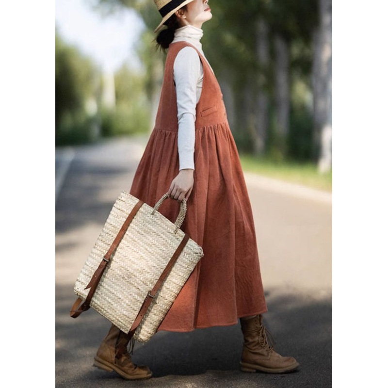 Women Orange Wrinkled Pockets Corduroy Vest Dresses Sleeveless