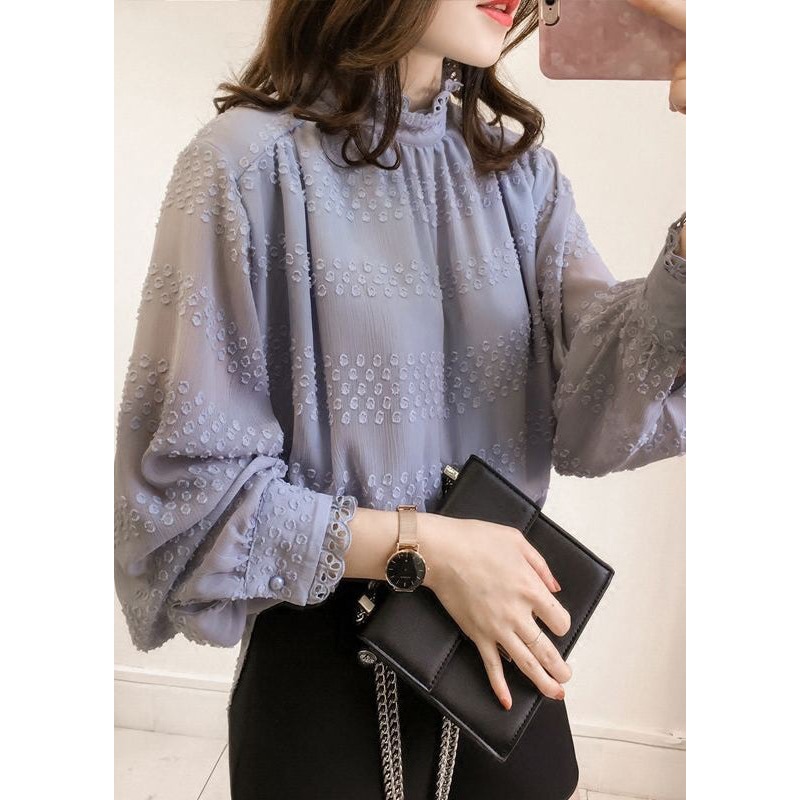 Women Purple Ruffled Button Chiffon Top Long Sleeve