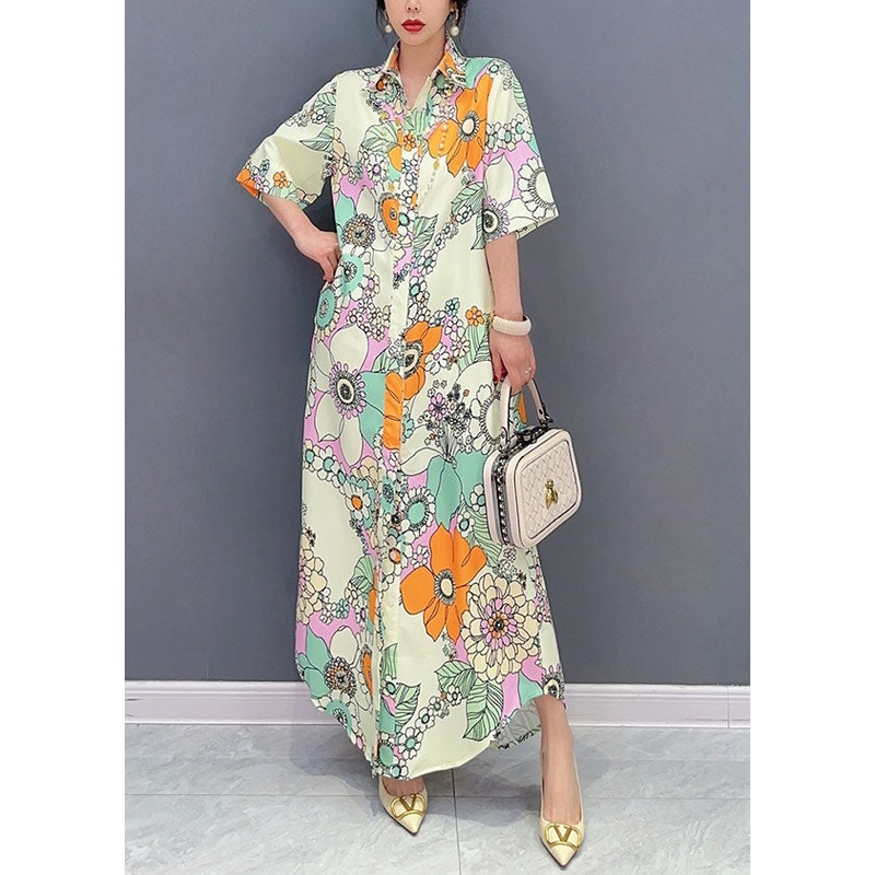 Yellow Floral Patchwork Long Cotton Dresses Peter Pan Collar Summer