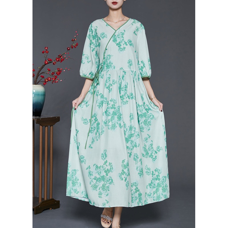 Art Green V Neck Print Linen Dress Spring