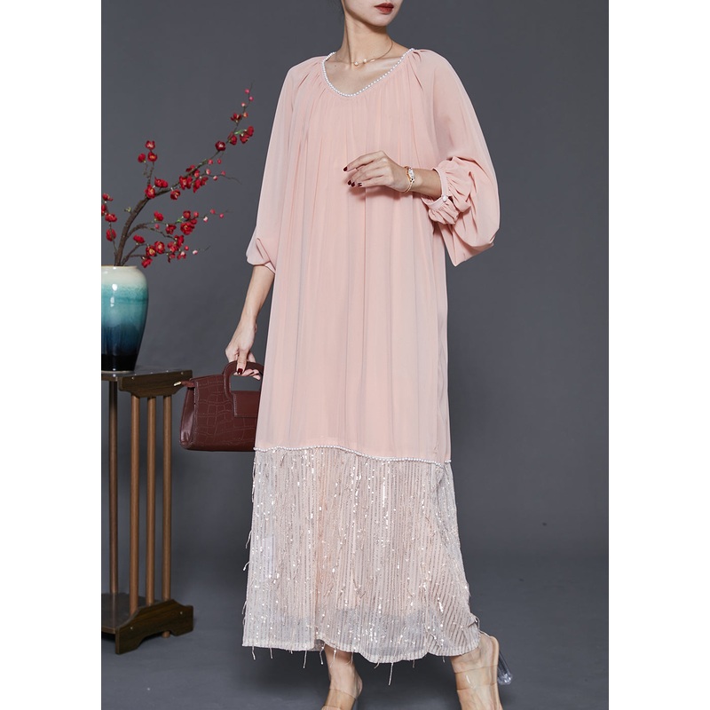 Art Pink Tasseled Patchwork Chiffon Ankle Dress Spring