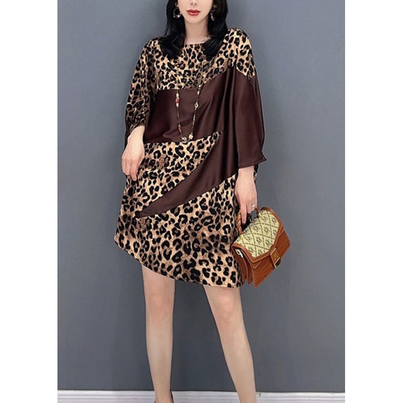 Beautiful Chocolate O-Neck Leopard Print Maxi Dresses Spring
