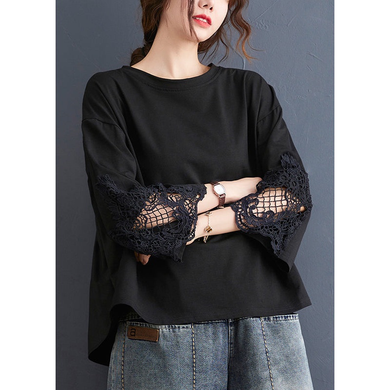 Black Low High Design Cotton T Shirt O Neck Spring