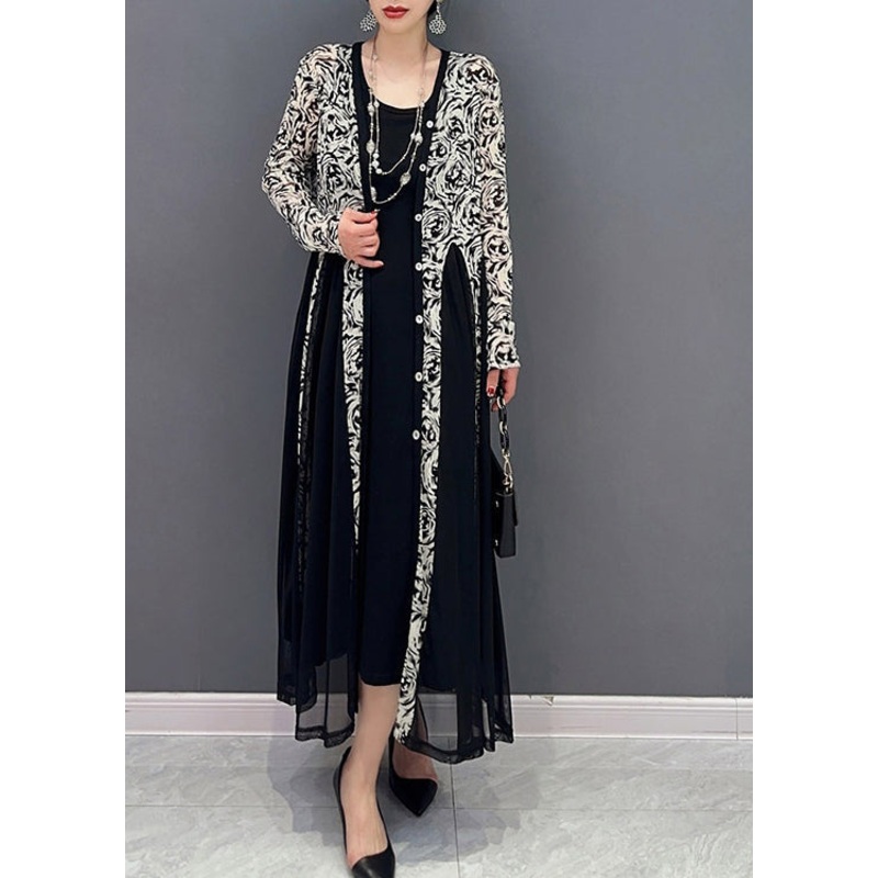 Black Patchwork Button Tulle Long Dresses Long Sleeve
