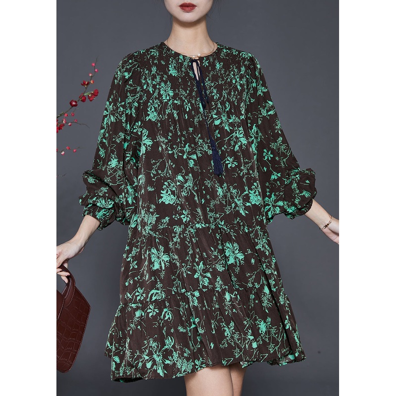 Black Print Chiffon Vacation Dress Lace Up Spring