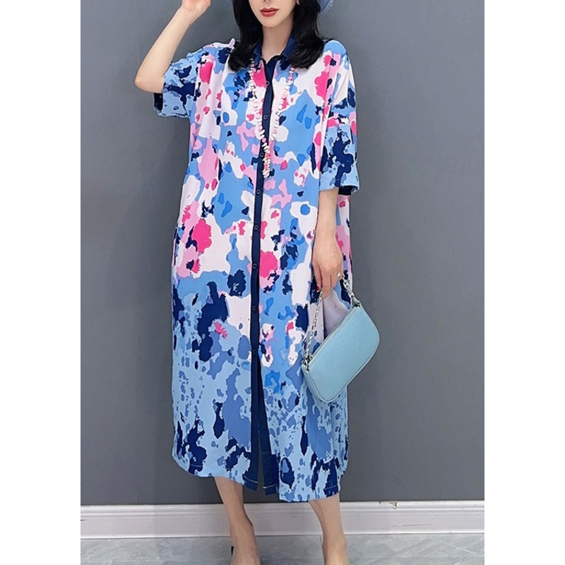 Blue Peter Pan Collar Maxi Shirts Dresses Short Sleeve