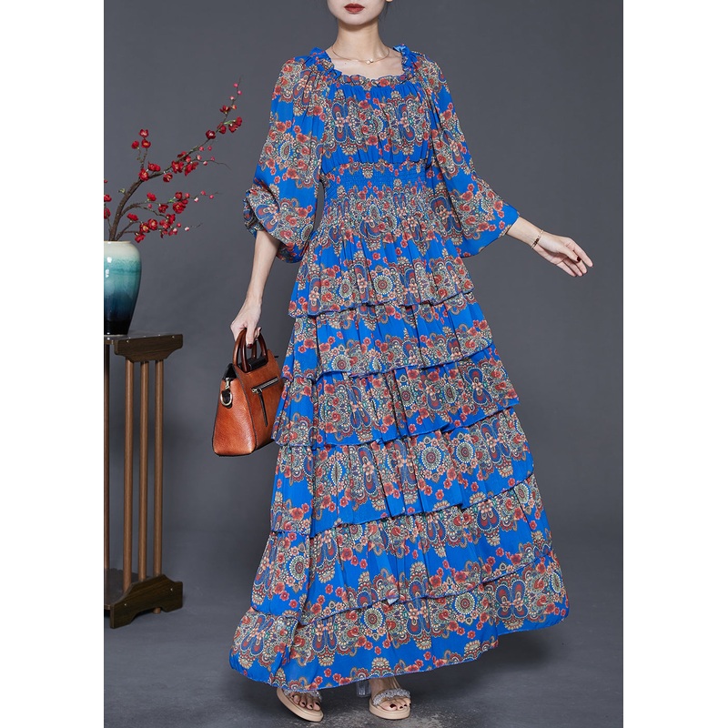 Blue Print Cotton Maxi Dress Layered Exra Large Hem Spring