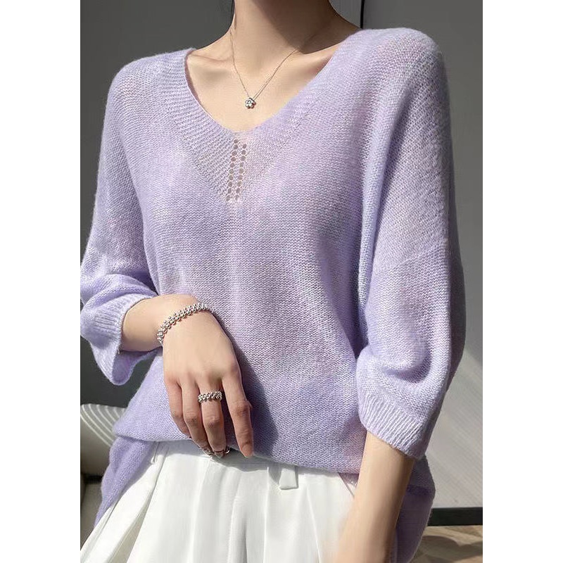 Boutique Purple V Neck Cashmere Shirt Tops Bracelet Sleeve