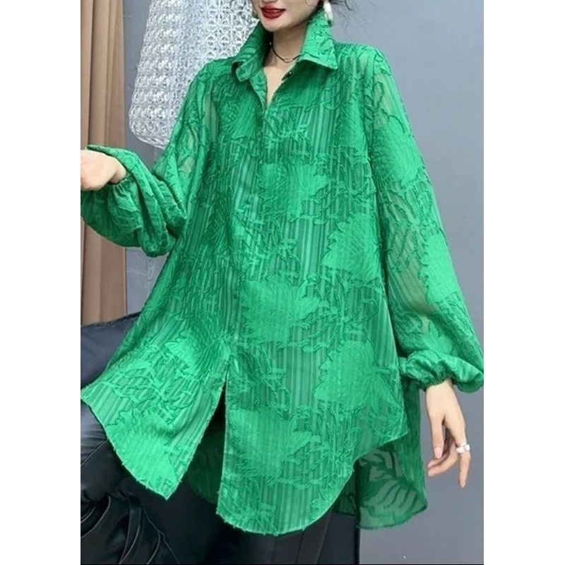 Casual Versatile Green Peter Pan Collar Cotton Shirts Spring
