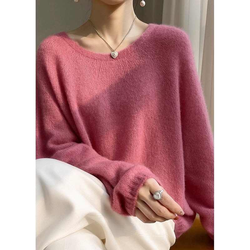 Elegant Pink O Neck Cozy Cashmere Knit Top Spring