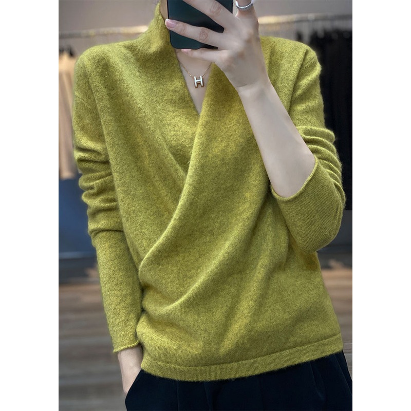 French Yellow Green V Neck Cozy Woolen Sweater Tops Spring
