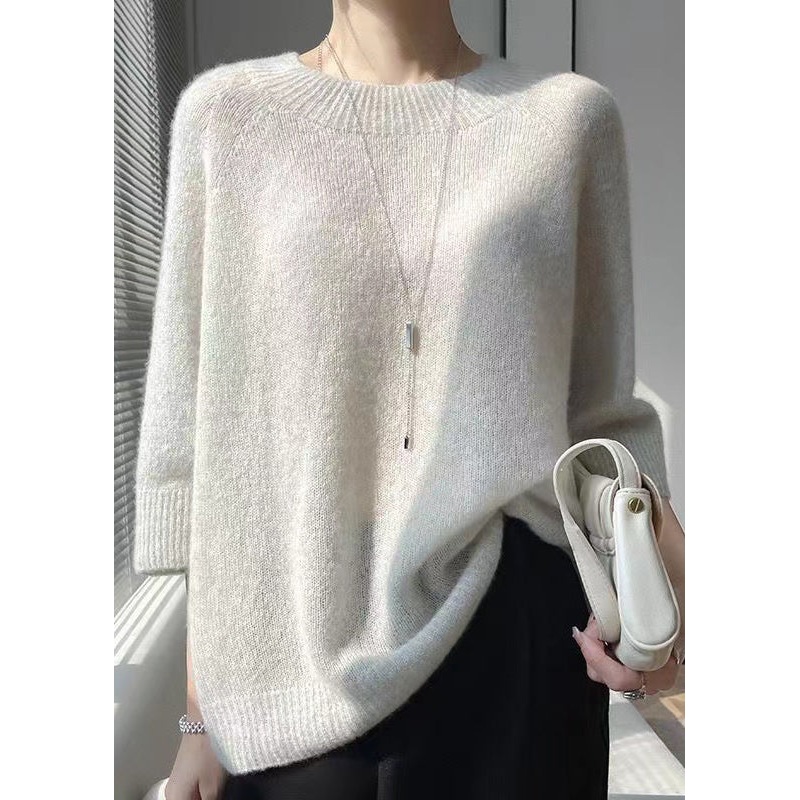 Simple Light Grey O Neck Thin Cashmere Sweater Tops Bracelet Sleeve