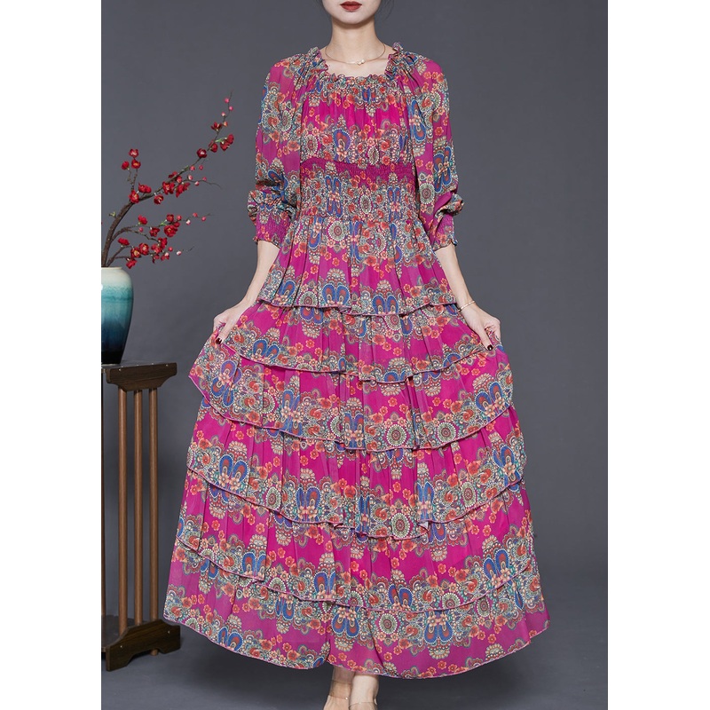 Unique Rose Elastic Waist Print Cotton Maxi Dresses Spring