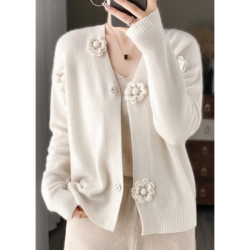 White Floral Embroidery Short Cashmere Knit Cardigan V Neck Spring