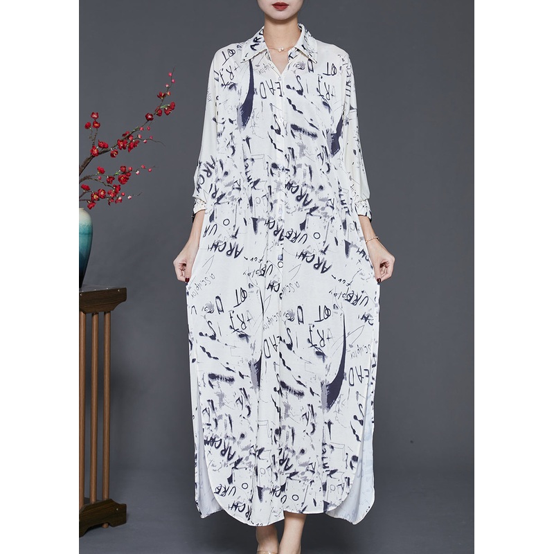 White Tie Dye Cotton Shirt Dresses Side Open Spring