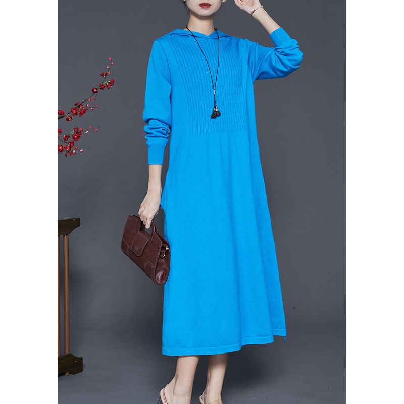 Women Blue Hooded Silm Fit Knit Long Dress Spring