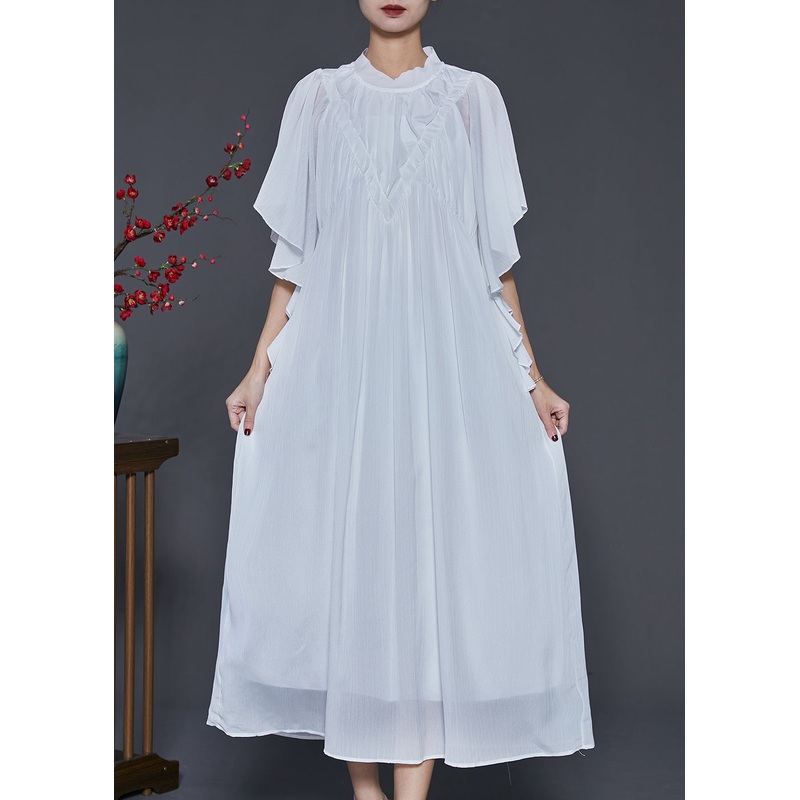 Women White Wrinkled Chiffon Long Dresses Butterfly Sleeve