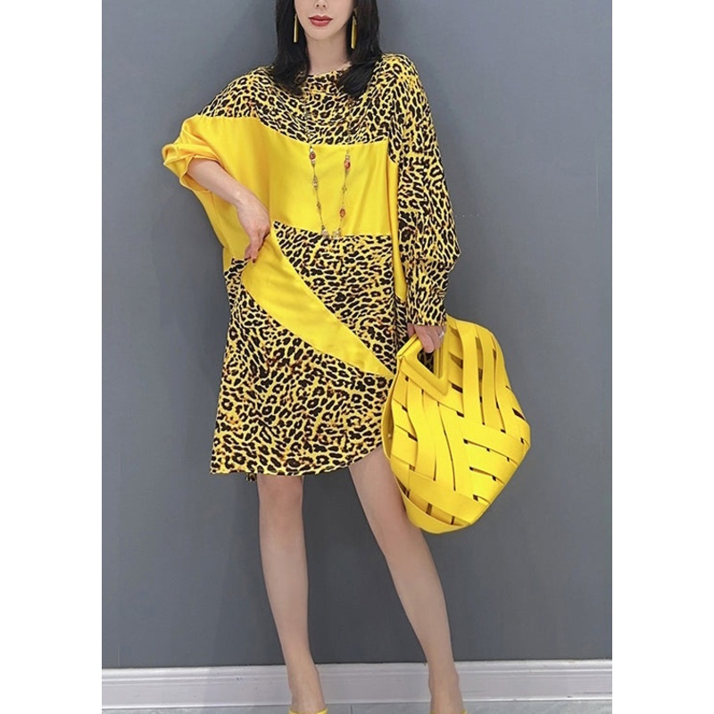Yellow Leopard Patchwork Long Dresses Long Sleeve